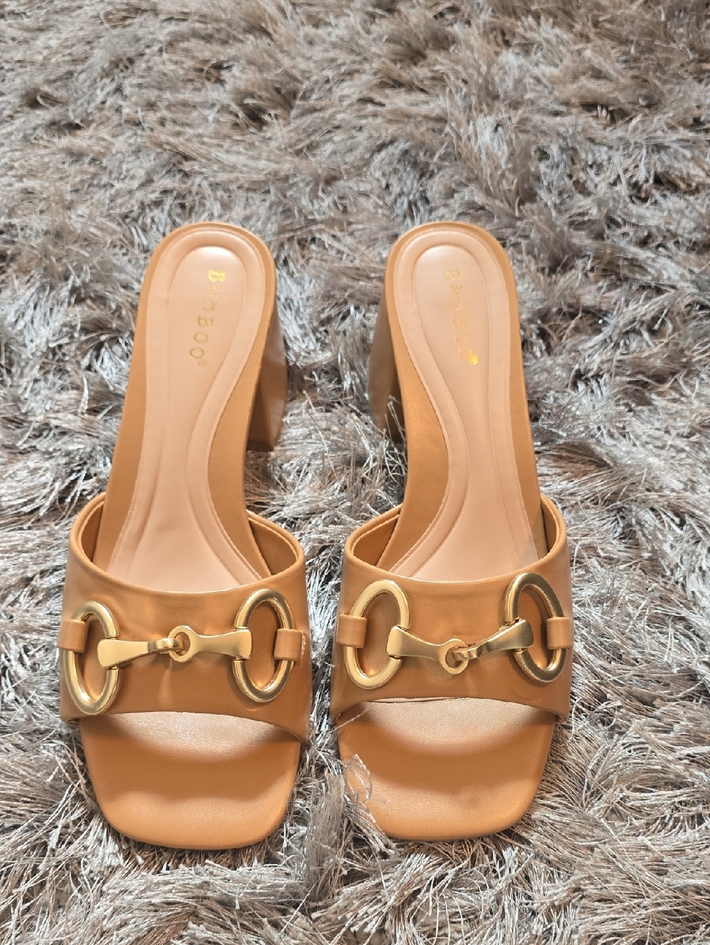 BAMBOO Tan Slip-On Block Heel Mules with Gold Hardware